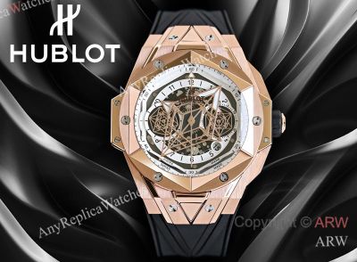 High Quality Replica HUBLOT BIG BANG SANG BLEU II Black Fluororubber Strap White Skeletonized Geometric Face Dial Titanium With Diamond-Set Case Watch 45mm
